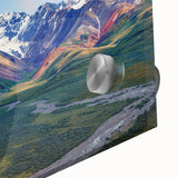 Large abstract depiction of an Alaskan landscape in muted earth tones on acrylic glass, suitable for dining room art.