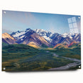 Acrylic print of an Alaskan landscape with vivid blue and green tones, ideal for dining room decor.
