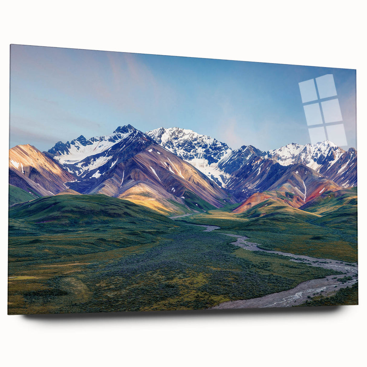 Large abstract depiction of Alaskan scenery in cool blue and gray tones on acrylic glass.