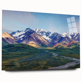 Large abstract depiction of Alaskan scenery in cool blue and gray tones on acrylic glass.
