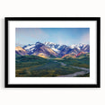 Abstract art print depicting a textured, colorful Alaskan landscape on a large canvas, ideal for living room decor.