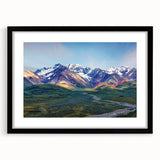 Abstract art print depicting a textured, colorful Alaskan landscape on a large canvas, ideal for living room decor.