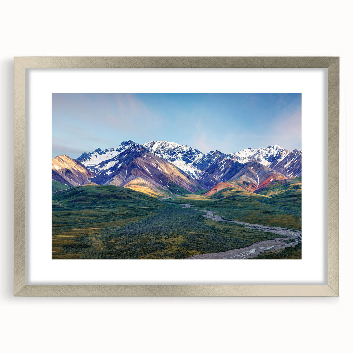 Textured art print of abstract Alaskan scenery in muted blue and gray tones on a framed canvas, suitable for bedroom decor.