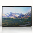Large abstract wall art depicting Alaskan scenery in muted gray and blue tones on a framed acrylic.