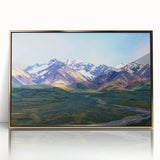 Large art print of an Alaskan landscape, featuring muted earth tones on a framed acrylic, ideal for modern art wall decor.