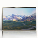 Mid-century modernist Alaskan landscape on framed acrylic, featuring cool blue and silver tones.