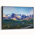 Black and white framed canvas of an Alaskan landscape featuring expansive mountains, ideal for bedroom wall decor.