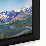 Extra large framed canvas of a textured, colorful Alaskan landscape in black with a variety of hues.