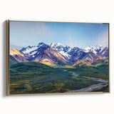 Framed canvas depicting a serene Alaskan landscape with muted gold and black tones, ideal for bedroom wall decor.
