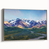 Landscape art painting of a serene Alaskan scene in muted earth tones on a framed canvas, suitable for office decor.