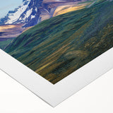 Art deco poster of an Alaskan landscape on rolled canvas, in muted earth tones, ideal for dining room decor.