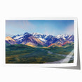 Alaskan landscape with floral elements in muted earth tones on a large rolled canvas, ideal for dining room wall art.