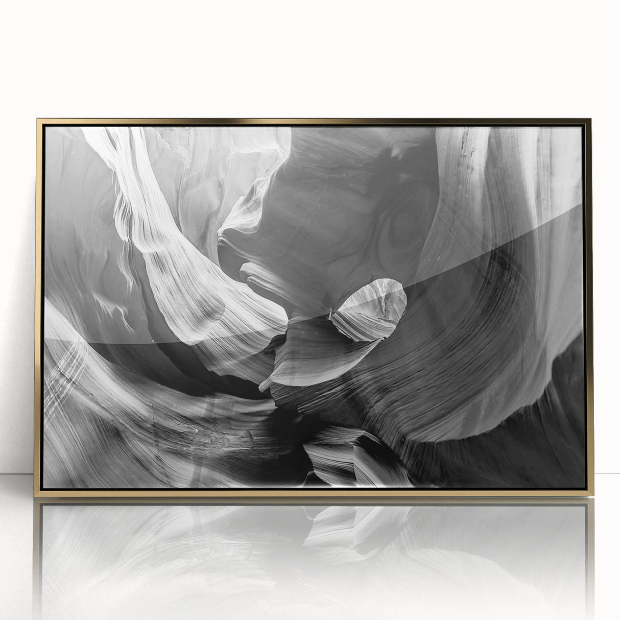 Mid-century modernist style acrylic print of Antelope Canyon in Arizona, featuring vibrant orange and red hues.