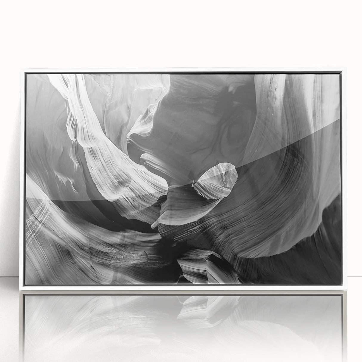 Art deco style poster of Antelope Canyon in Arizona on a white framed acrylic, with earthy red and orange tones.