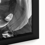 Extra large framed canvas of a textured Arizona Antelope Canyon in muted earth tones, ideal for living room decor.