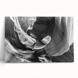 Black and white photograph of Antelope Canyon on stretched canvas, ideal for kitchen wall art or bedroom ambiance.