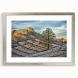 Textured art print of Arizona's Coyote Buttes in muted earth tones, framed in silver, ideal for bedroom decor.
