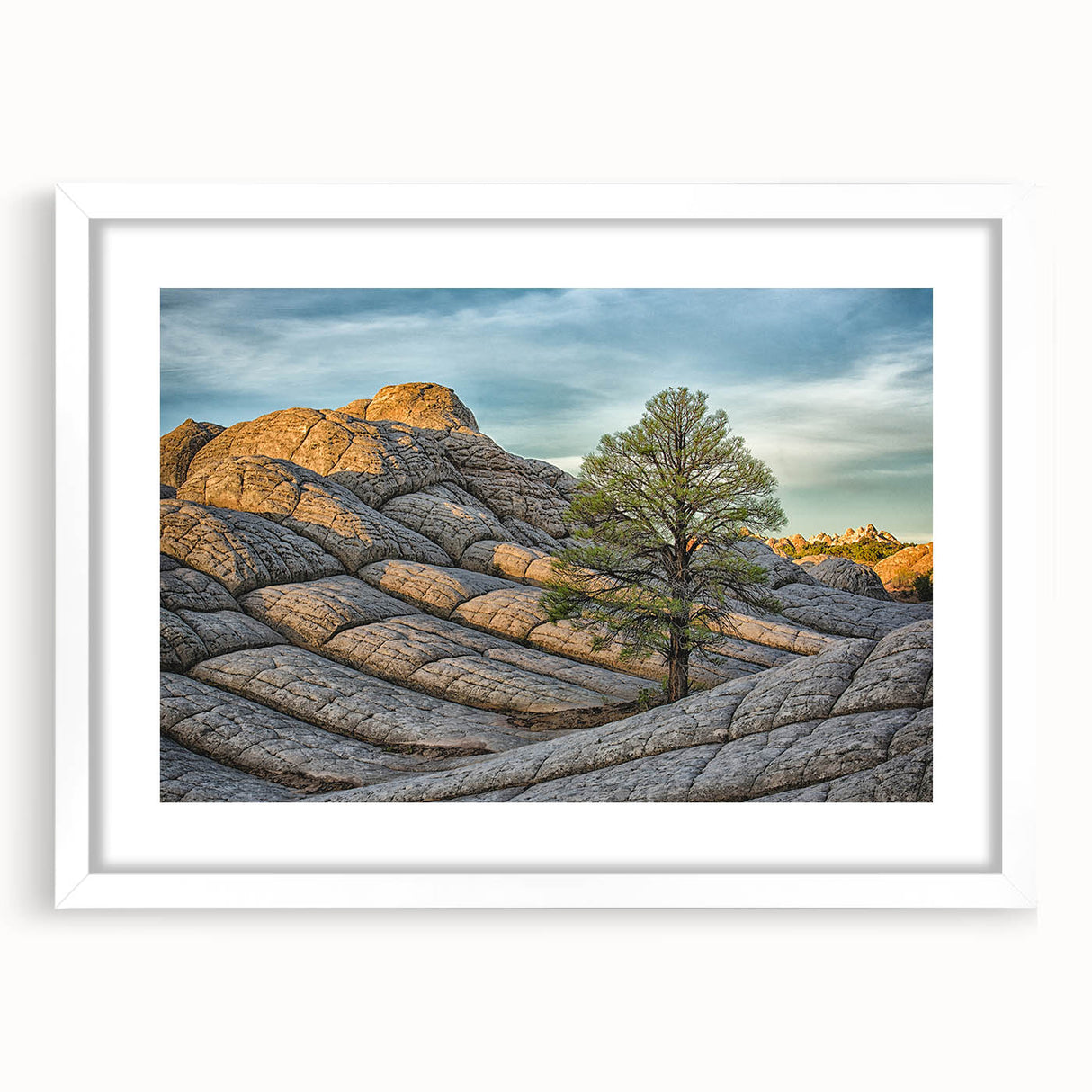 Abstract art print of Arizona's Coyote Buttes in muted earth tones on a white-framed canvas, suitable for dining room decor.