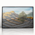 Large abstract wall art depicting Arizona's Coyote Buttes in muted earth tones, framed in black acrylic.