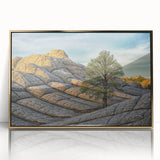 Large art print of Arizona's Coyote Buttes in mid-century modern style, vivid desert hues on framed acrylic.