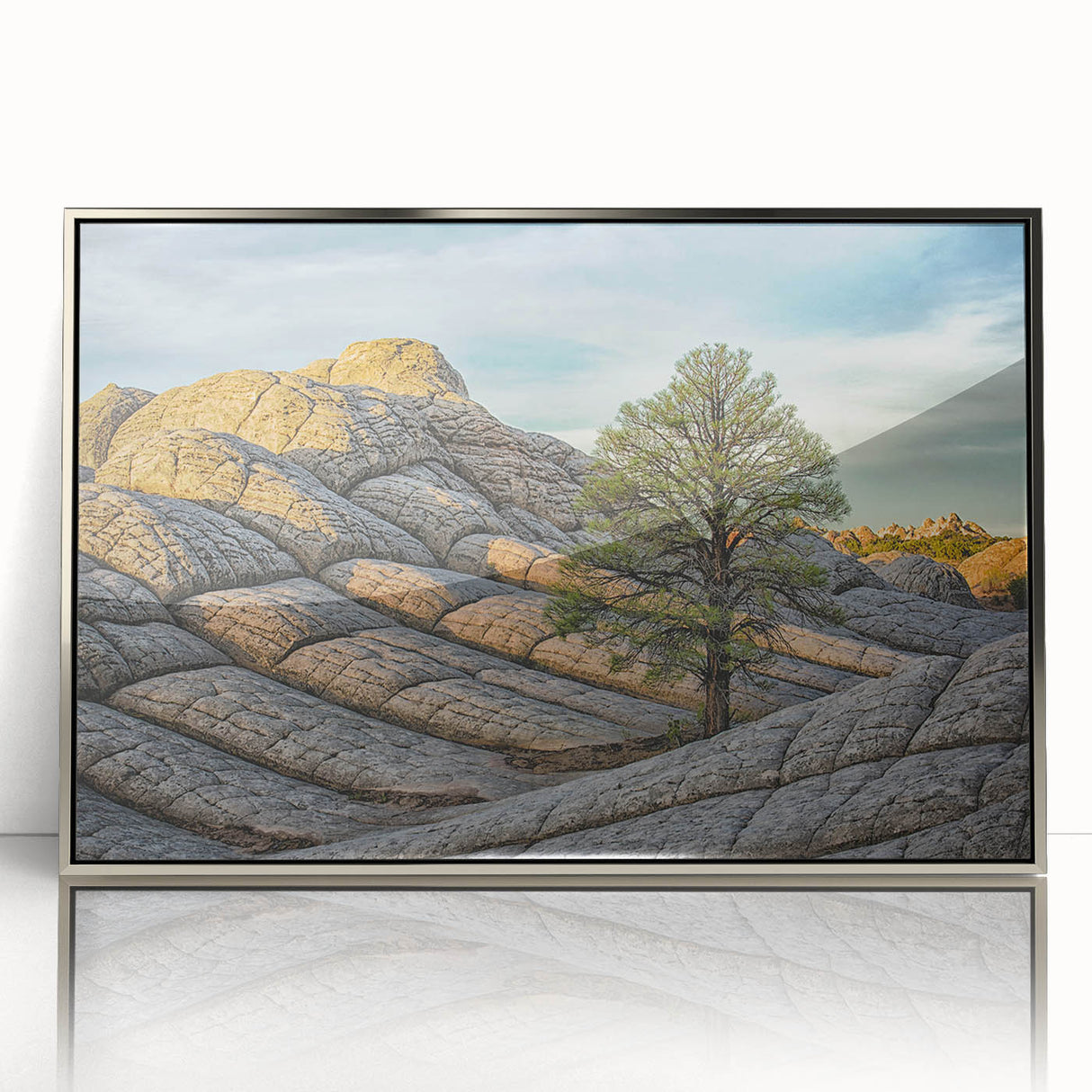 Mid-century modernist art depicting Arizona's Coyote Buttes in vibrant orange and red tones on a silver-framed acrylic print.