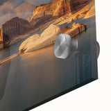 Mid-century modernist large abstract wall art of Lake Powell on acrylic glass, in blue and orange tones.
