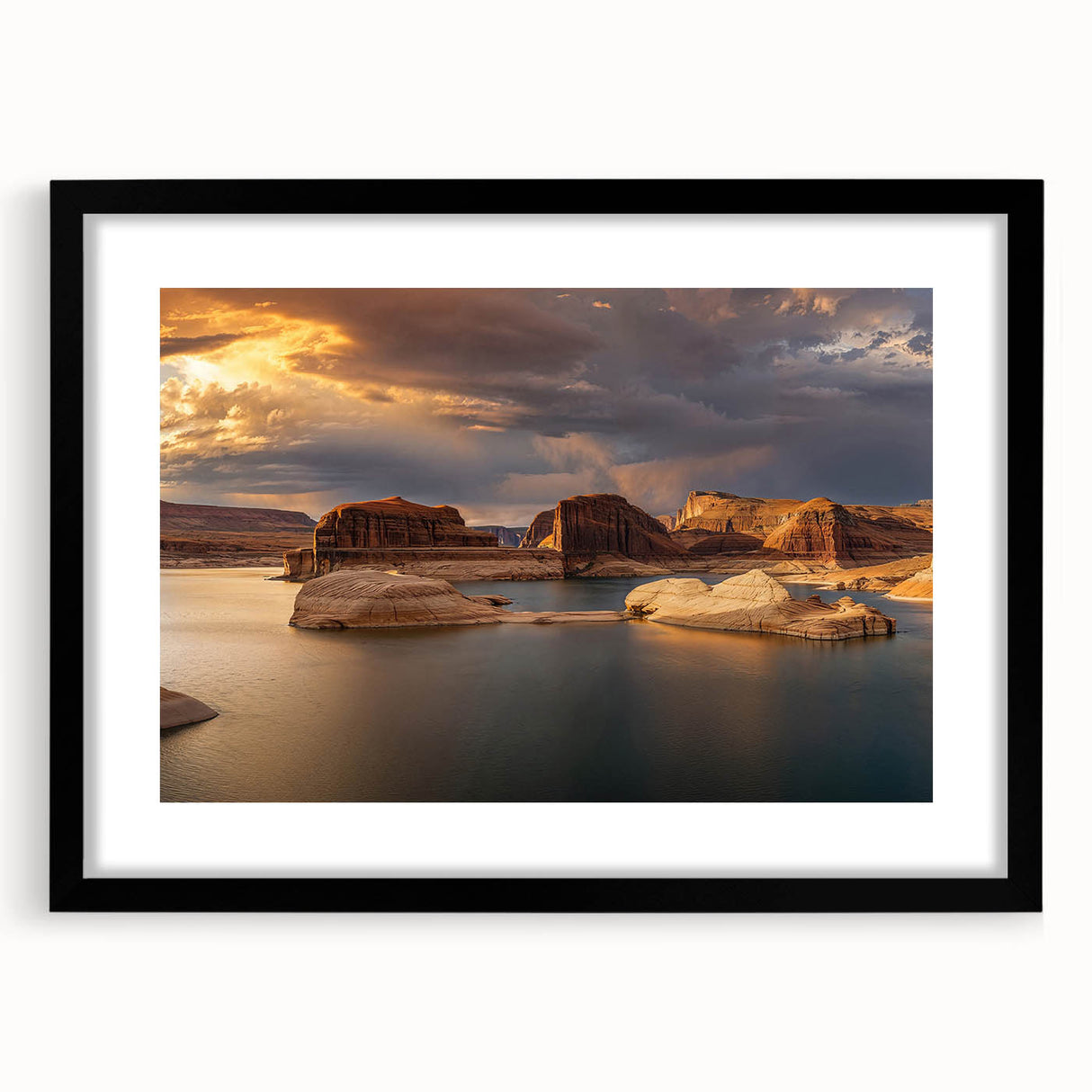 Colorful abstract art print of Arizona's Lake Powell, with vibrant blue and red tones on a large framed canvas.