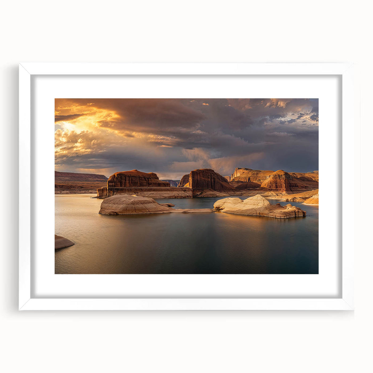 Abstract art print of Lake Powell with vibrant blue and orange hues on a white framed mat, suitable for dining room decor.