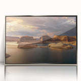 Mid-century modernist art of Lake Powell in acrylic, featuring muted earth tones, framed in silver.