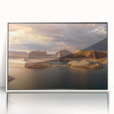 Acrylic print of Lake Powell, Arizona in muted earth tones, framed in white, suitable for modern art wall decor.