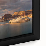 Framed canvas of Lake Powell with textured, colorful art on a black background, ideal for extra large living room wall art.