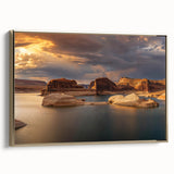 Framed canvas of Lake Powell with muted earth tones, ideal for bedroom wall art.