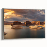 Framed canvas featuring a landscape art painting of Lake Powell, Arizona, with vibrant blue and orange hues.