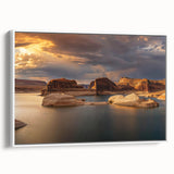 Vintage poster art of Lake Powell on a framed canvas, featuring colorful art in extra large size.