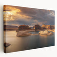Side view of a large art stretched canvas depicting Lake Powell in Arizona, featuring vivid blue and orange hues.