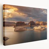 Side view of a large art stretched canvas depicting Lake Powell in Arizona, featuring vivid blue and orange hues.