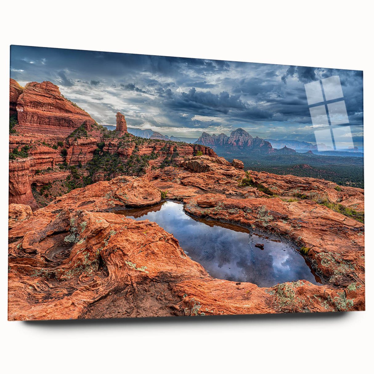 Large abstract depiction of Sedona, Arizona in muted earth tones on acrylic glass, ideal for bedroom or dining room art.