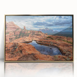 Mid-century modernist style large art print of Sedona landscape in muted earth tones, framed acrylic.