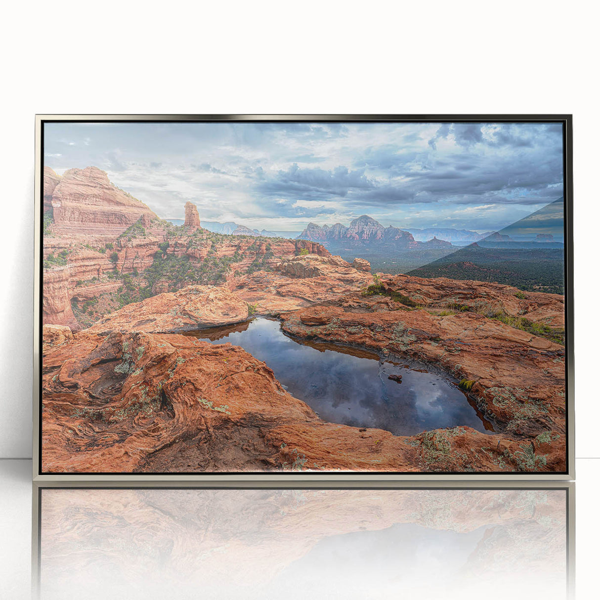 Mid-century modernist art depicting Sedona landscape in acrylic on a silver-framed canvas, ideal for nursery wall art.