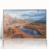 Acrylic print of Sedona, Arizona landscape in muted earth tones, framed in white, suitable as modern art wall decor.