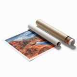 Extra large rolled print depicting Sedona's landscape in earthy red and orange tones, ideal for classy bathroom wall art.