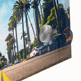 Large abstract wall art of Beverly Hills scene in mid-century modernist style on acrylic glass, ideal for dining room art.