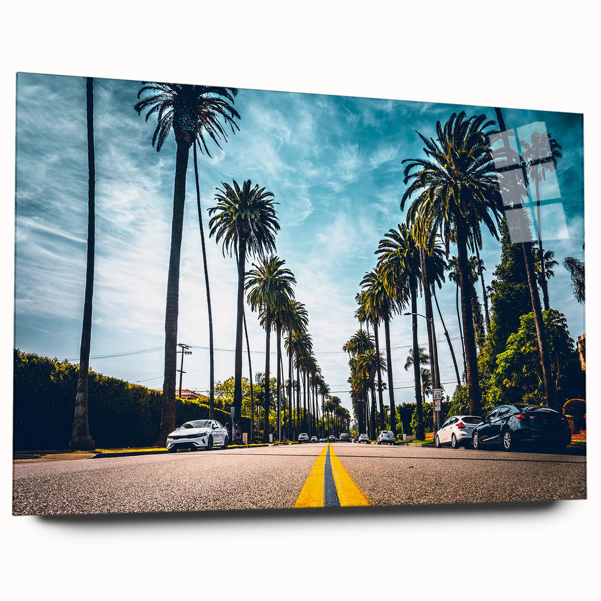Acrylic print of large abstract wall art depicting Beverly Hills scenery in muted earth tones.