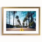 Extra large textured abstract art print of Beverly Hills scenery in gold frame, ideal for living room wall decor.