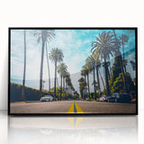 Large abstract wall art depicting the Beverly Hills landscape in mid-century modernist style on black framed acrylic.