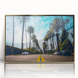 Mid-century modernist Beverly Hills scenery in gold and green tones on a framed acrylic, ideal for modern art wall decor.