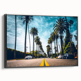 Black and white wall art featuring a vintage poster style landscape of Beverly Hills on a framed canvas.