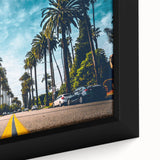 Extra large framed canvas of a textured Beverly Hills scenery in black with colorful accents, ideal for living room decor.