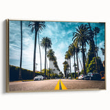 Framed canvas wall art featuring a vintage-style landscape of Beverly Hills with black and gold tones.
