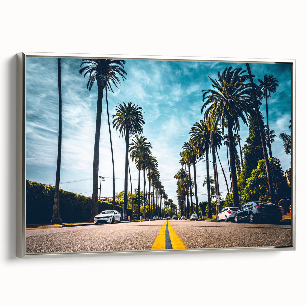 Framed canvas of a vintage-style Beverly Hills landscape painting in muted silver and black tones.